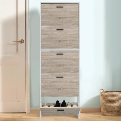 Produktbild von CASABEL Schuhregal 15 Paar,  Schrank mit großer Kapazität für Eingang, Flur,  L 60 x T 17 x H 180 cm,  Türen weiß Rahmen aus hellem Holz