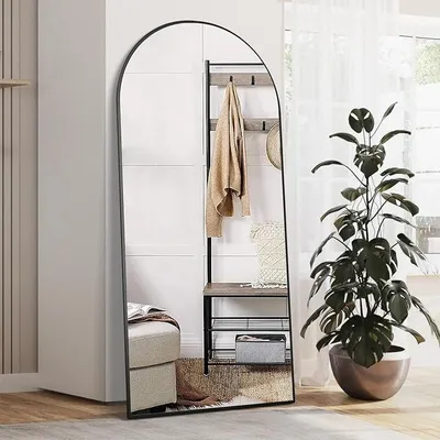 Produktbild von Gewölbter Bodenspiegel, 165 x 60 cm Bogen Volle Länge Spiegel mit Ständer, Großer Wandspiegel, Schwarz Ganzkörperspiegel, Stehend zum Aufhängen oder Anlehnen an die Wand für Schlafzimmer