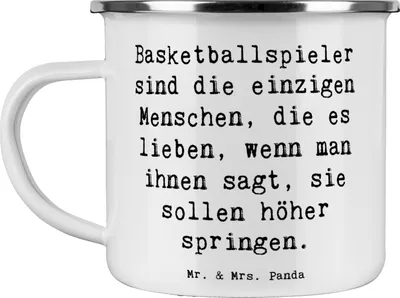 Produktbild von Mr. & Mrs. Panda Camping Emaille Tasse Spruch Basketball Motivation - Weiß - Geschenk, Sportler, Pott, Dunking, Basketball-Fan, Sprungkraft, Korbball, Sportart, becher
