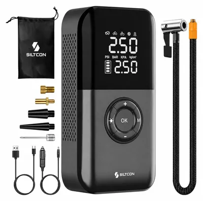 Productafbeelding van Siltcon® Elektrische Fietspomp - Luchtcompressor - Tot 10.8 Bar - 8500 mAh Powerbank - Compressor - Bandenpomp Auto - Elektrische Bandenpomp - Luchtpomp – Universeel – Oplaadbaar & 12V – 35l/min – SOS Lamp - Noodpakket - Incl. 10 Opzetstukjes en Hoes