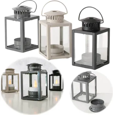 Produktbild von LS-LebenStil Vintage Laterne Windlicht 3´er Set 10cm Metall Grau Teelichthalter Teelicht kleine Stumpenkerze Gartenlaterne zum Hängen Kerzenhalter