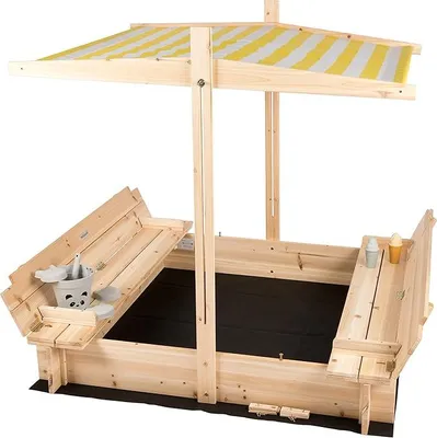 Image de Bac à sable en bois avec toit, couvercle et banc, bac à sable pour enfants avec couvercle rabattable, protection UV, bac à sable carré pour l'extérieur, pour jardin ou aire de jeux, 120x120 cm, jaune, blanc, marron