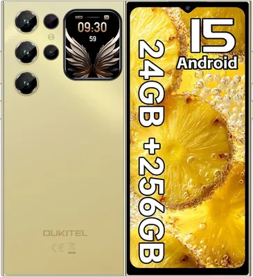 OUKITEL C62 Pro Android 15 Smartphone ohne Vertrag 24GB+256GB Handy, 6,88" 90Hz mit 1,81" Rückbildschirm, 5150mAh Dual SIM 4G/OTG/Face ID/NFC, Gold