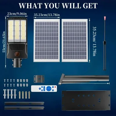 Immagine prodotto di Lampione solare - Lampada esterna a LED - 8000 W - 2 pannelli solari - Sensore di luminosità - Grado di protezione IP67 - Dimmerabile