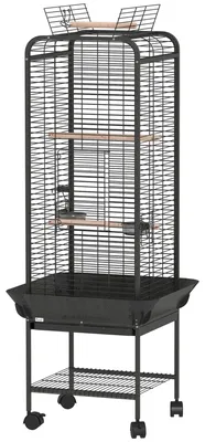 Produktbild von Papageienk?fig mit R?dern, Sitzstangen, Futternapf, Ablage und herausnehmbarer Schale, 62,5 x 62,5 x 146 cm, Dunkelgrau