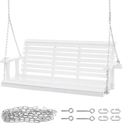 Image de SucceBuy Balançoire de véranda en bois de 1,6 m, balançoire de banc de jardin pour terrasse, capacité de charge améliorée de 400 kg, banc à bascule robuste avec chaînes suspendues pour l'extérieur, blanc