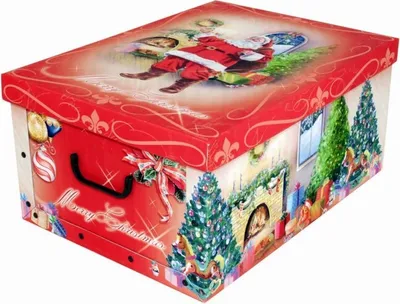 A Christmas-themed storage box with Santa Claus and festive decorations.