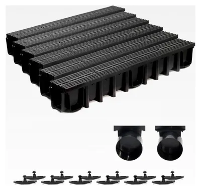Produktbild von 6m Entwässerungsrinne Terrassenrinne, System A15 148mm Stegrost Kunststoff, schwarz-line, komplettes Set