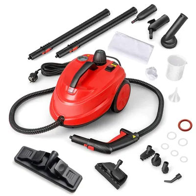 A red steam cleaner with various accessories laid out on a white background.