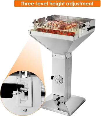 Produktbild von Edelstahl Kohlegrill - Säulengrill - Wetterfest - Höhenverstellbarer verchromter Grillrost - Aschewanne - Belüftung - Piezozündung - Grau