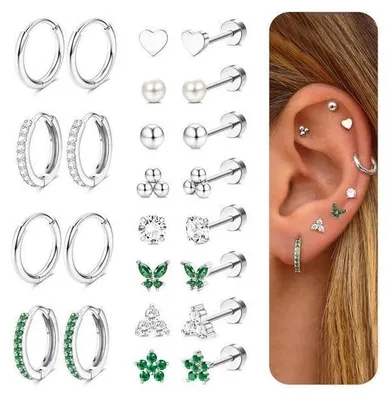 Produktbild von 12 Paar Ohrringe Chirurgenstahl 316L Damen Herren 14K Vergoldet Creolen Ohrstecker Mehrfachpiercing