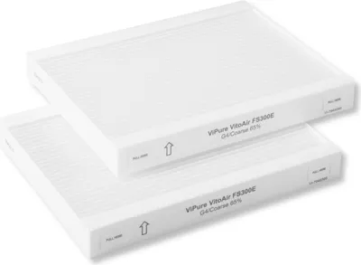 Two white air filters are stacked on top of each other against a white background.