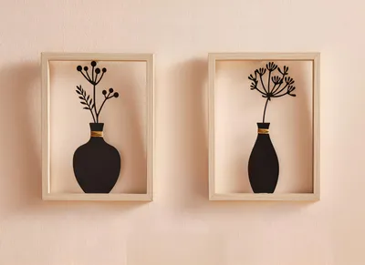 Produktbild von 2x Wanddeko "Vase" aus Metall schwarz mit Holz Rahmen, natur, Metallbilder Wohnzimmer, Wandbilder
