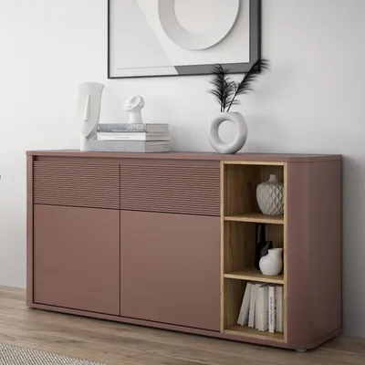 Produktbild von Forte BREATHTAKER Sideboard 160, modern minimalistisch, 2-türig, 2 Schubladen, Regalfach, Reliefstruktur, Holzwerkstoff, Terrakotta/Mauvella Eiche Holzdekor, 160 cm breit x 83,1 cm hoch x 41,3 cm tief