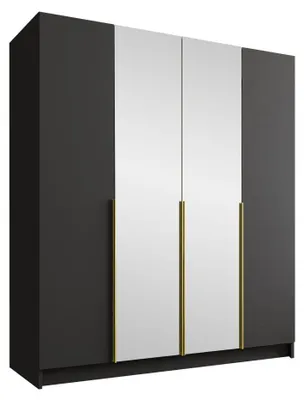 Produktbild von MIRJAN24 Kleiderschrank Santi II, Schlafzimmer, mit Spiegel, Drehtürenschrank, mit Kleiderstange, Modern, Garderobenschrank, Metallgriffe (Farbe: Schwarz / Schwarz + Gold)