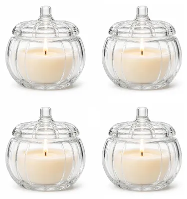 Windlicht Glas 4er-Set Kürbisform mit Deckel Teelichthalter