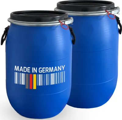 Produktbild von plasteo® 2 x 60 Liter Deckelfass Weithalsfass mit Spannverschluss Futtertonne Universalfass Lagerfass Campingfass Transportfass Maischefass Regenfass