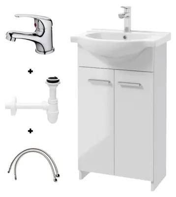 Produktbild von Badezimmerschrank mit Waschbecken, 85 x 45 x 26 cm, weißer Waschbeckenschrank, Keramik Waschbecken Set, Standschrank für kleines Bad