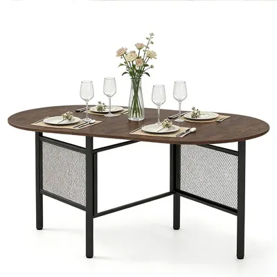 Produktbild von KOMFOTTEU Ovaler Esszimmertisch für 6-8 Personen, klappbarer Esstisch mit Stabile Metallbeine & Holzplatte, platzsparender Klapptisch, Küchentisch, Wohnzimmertisch für Esszimmer & Küche, 150 x 80 x 76 cm
