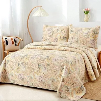 Immagine prodotto di Coperta in cotone Famanu, 220x240 cm, con motivo paisley giallo, ideale per letti matrimoniali