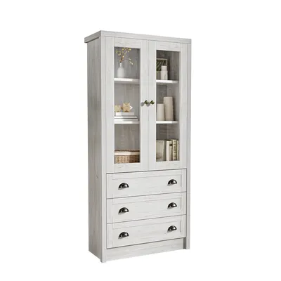Produktbild von Hochschrank mit Glastüren 3 Schubladen und Kupfergriffen Vitrine Sideboard für Wohnzimmer 80x34x171cm