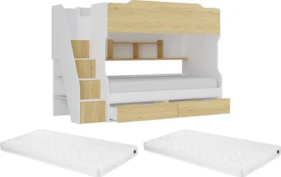 Produktbild von Etagenbett mit Stauraum + Matratze - 90 x 190 cm - Weiß & Holzfarben - YALOVA