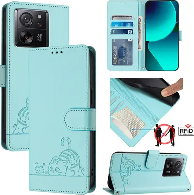 Produktbild von Leder Hülle für Xiaomi 13T / 13T Pro /Redmi K60 Ultra Süße Katze Flip Case Brieftasche Schutzhülle mit Standfunktion hellgrün