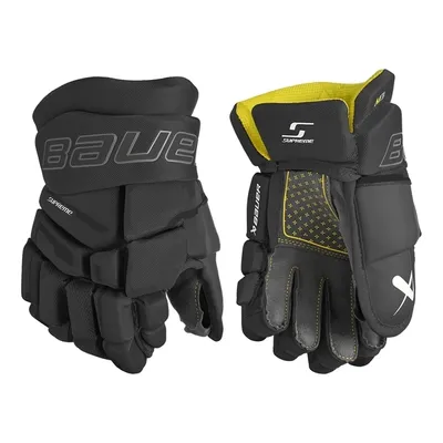 A pair of black hockey gloves with yellow accents.