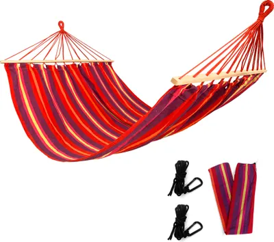 Immagine prodotto di Amaca Rijoka con barra di sostegno – 200x140 cm – A righe rosse – Per 1 persona – Incl. 2 ganci, corda e borsa per riporla – Rossa