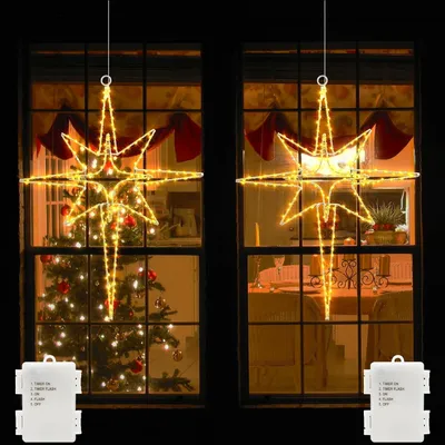 Produktbild von Rahmenbeleuchtung – Batterien – 120 LEDs – Hängende Weihnachtsdekoration – Fensterdekoration mit Timer – Metall – Weihnachtsstern – Lichtvorhang