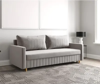 Produktbild von Schlafsofa MARO, Sofa mit Schlaffunktion und Bettkasten, Klappsofa, Schlafcouch mit Füßen aus Naturholz, Veloursstoff, Couch in Frabe: Grau