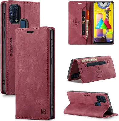 Produktbild von Galaxy M31 Brieftasche Hülle, Retro Kunstledertasche Stand Schutzhülle für Samsung Galaxy M31 Rot