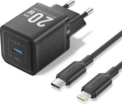 Immagine prodotto di Vention Caricabatterie USB-C GaN a 1 porta (20W) con cavo da USB-C a Lightning (1M) spina UE nero