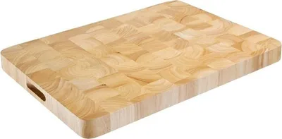A wooden chopping board is shown against a white background.