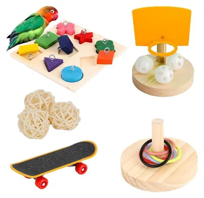Image de 4 jouets pour perroquets, type "perchoir à plumes", adaptés aux perruches et aux perruches ondulées