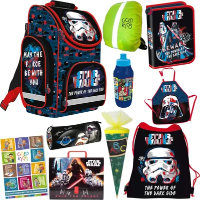 Produktbild von Schulranzen für Jungen ab 1 Klasse - Schul-Rucksack Kinder mit Star Wars -Motiv - Federmäppchen Schuhbeutel - Schürze Zuckertüte - Aktentasche