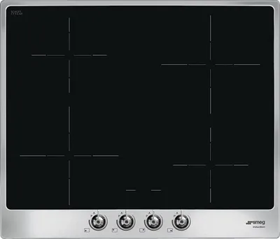 A top-down view of a black induction hob with silver trim and controls.