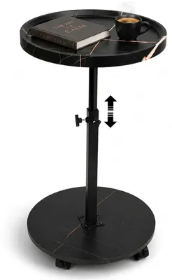 Productafbeelding van Rond bijzettafeltje, in hoogte verstelbaar van 45 tot 80 cm, met wielen, 360° draaibaar, notenhoutlook, zwart