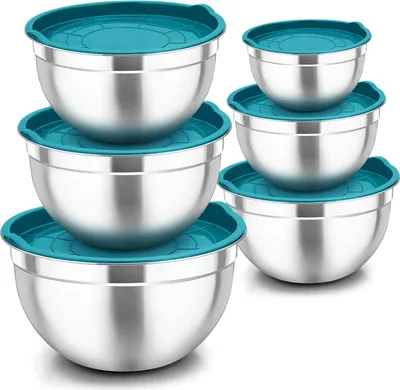 Immagine prodotto di Set di 6 ciotole in acciaio inox - Coperchio ermetico - Ideali per mescolare e servire - Impilabili - Lavabili in lavastoviglie - 45 l 27 l 25 l 15 l 12.