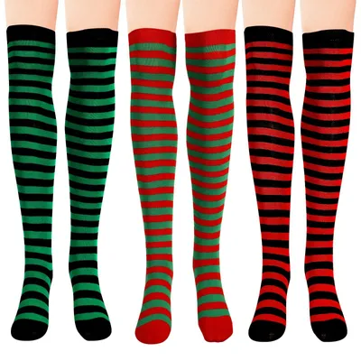 Obrázok produktu pre Vianočné ponožky, 3 páry - dlhé ponožky až po kolená - elastické ponožky - pruhované ponožky - ponožky vhodné na cosplay - výška 47,5 cm