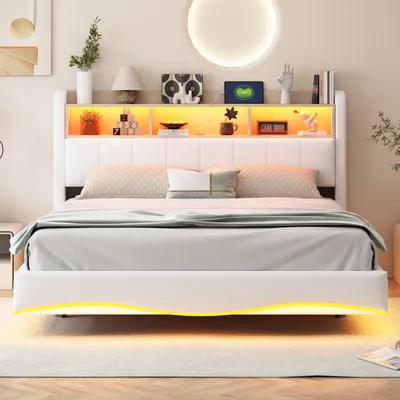 Produktbild von Zerbaco Polsterbett Doppelbett 160x200 cm mit Stauraum am Kopfteil LED-Beleuchtung USB und Type-C Anschluss Beige