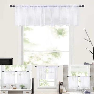 Produktbild von 1 Paneele transparente Vorhänge Stangentasche Netzgardinen Gardinen mit Store Vorhang Voile halbtransparent kurz Vorhang für kleine Fenster durchsichtiger Vorhang Café Weiß 132x46cm