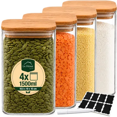 Produktbild von 4er-Set Vorratsdosen Glas mit Bambusdeckel 1500 ml für für Mehl, Nüsse, Kaffee, Müsli