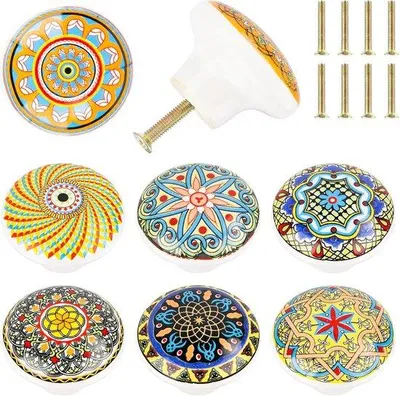 Produktbild von Famanu Möbelknöpfe 8 Stück - 39 mm - Boho-Stil - Runde Türknöpfe mit verschiedenen Mustern für Kommoden - Schränke