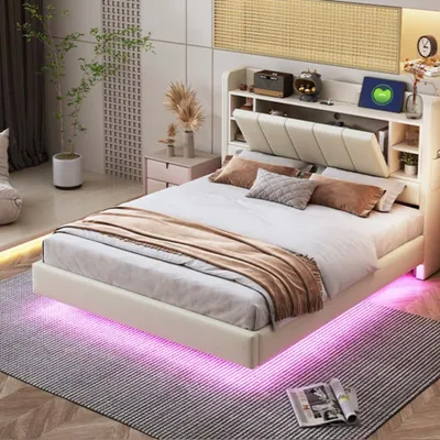 Produktbild von AIORBER Polsterbett, 140 x 200 cm, mit LED-Leiste, USB-Steckdose, mit Ablagefach, Metallrahmen, Leinenstoff, wendbares Kopfteil, Doppelbett, Beige
