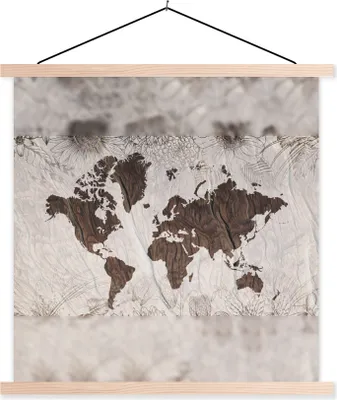 Produktbild von MuchoWow® Textilposter Weltkarte - Braun - Blume 120x120 cm mit holzfarbenen Rahmen - Textil-Poster