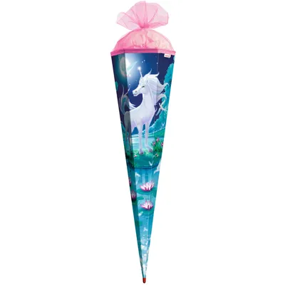 Produktbild von Schultüte groß Mondschein-Einhorn 85 cm - 6-eckig Rot(h)-Spitze Tüllverschluss - Zuckertüte