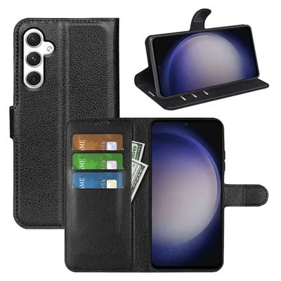 A collage of images showing a black leather flip case for a Samsung Galaxy A35 phone, with cards and cash inserted.