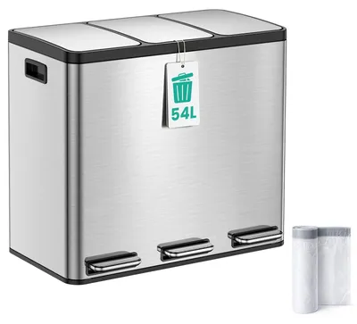 3-Fach Mülleimer 54L RVS Soft-Close Pedaleimer mit 3×18L Inneneimern