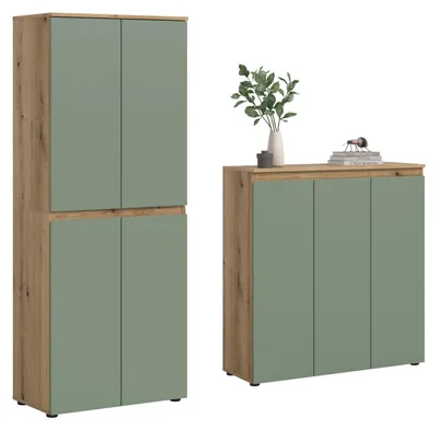 Image de Scarpa ensemble de chambre à coucher armoire et buffet, 7 portes chêneReproduction, vert poussiéreux.
